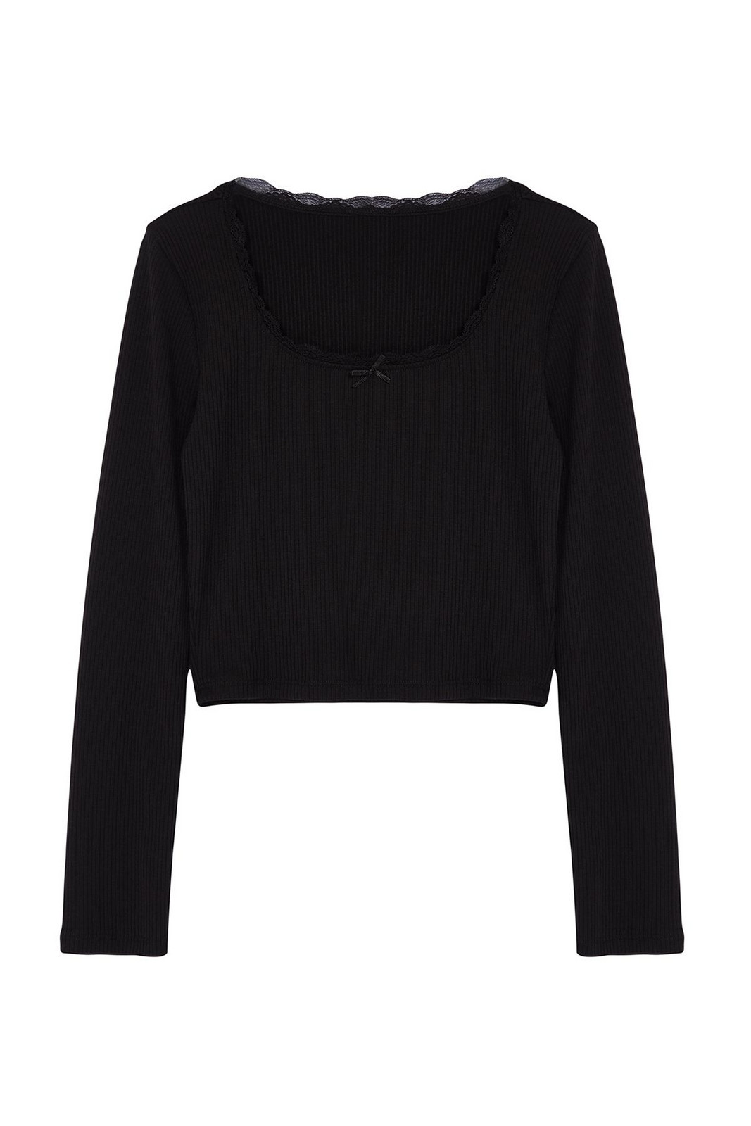 Trendyol Black Square Neck Lace Detailed Crop/Short Knitted Blouse