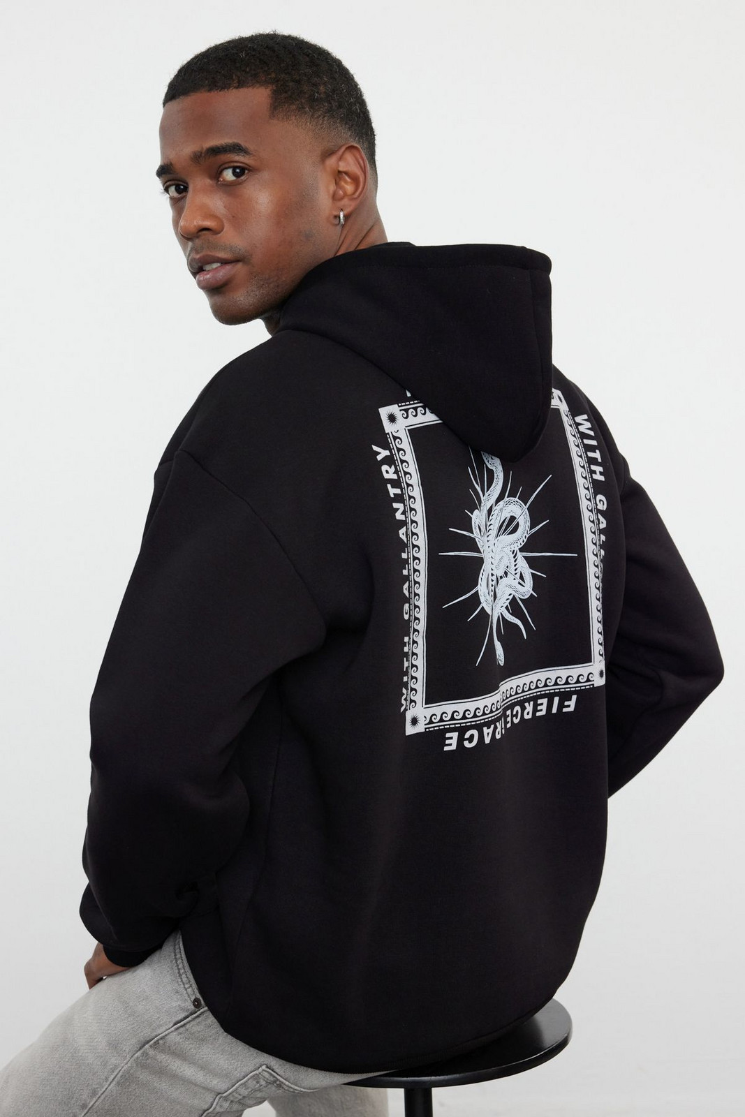 Trendyol Black Oversize/Wide Cut Hooded Back Mystic Printed Fleece Sweatshirt