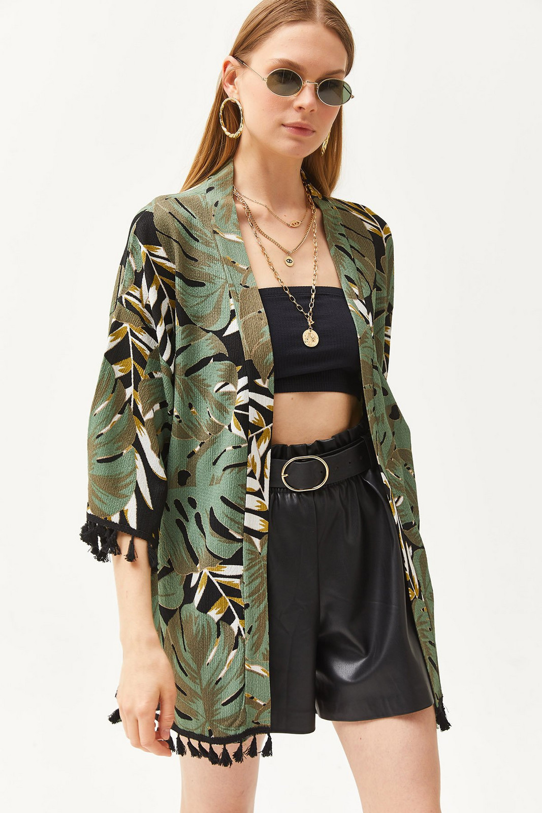 Olalook Women's Palm Green Tasseled Loose Knitted Kimono