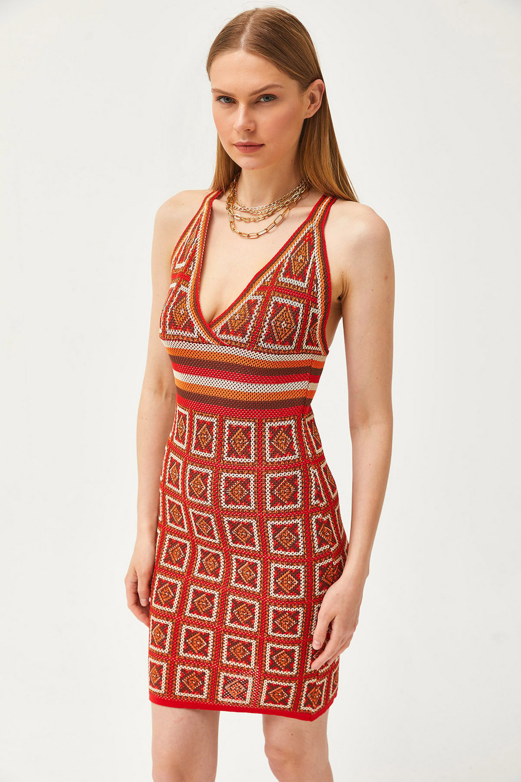 Olalook Women's Red Strappy Patch Patterned Back Cross Mini Knitwear Dress