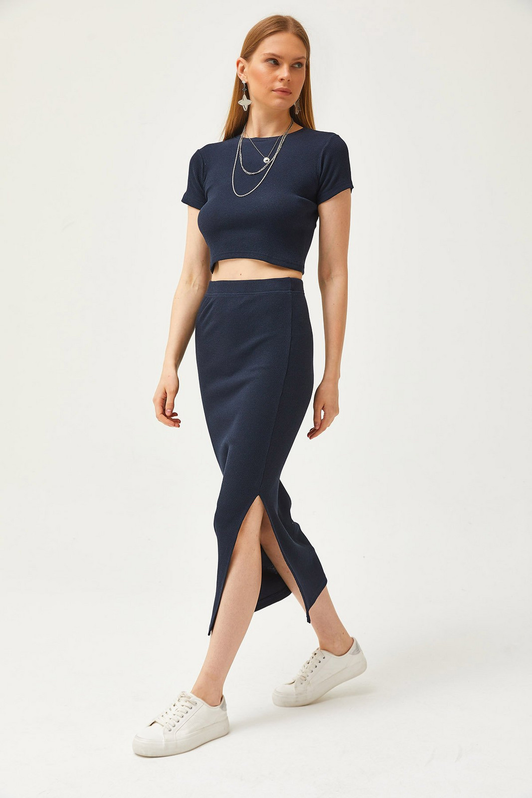Olalook Women's Navy Blue Short Sleeve Slit Skirt Lycra Suit