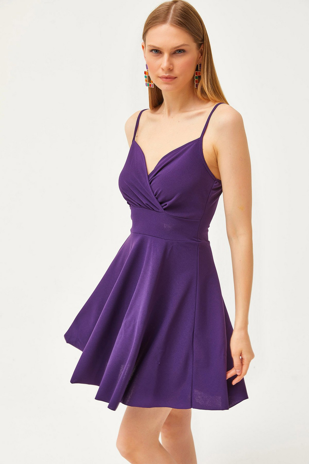Olalook Women's Purple Strap Double Breasted Collar Flared Dress