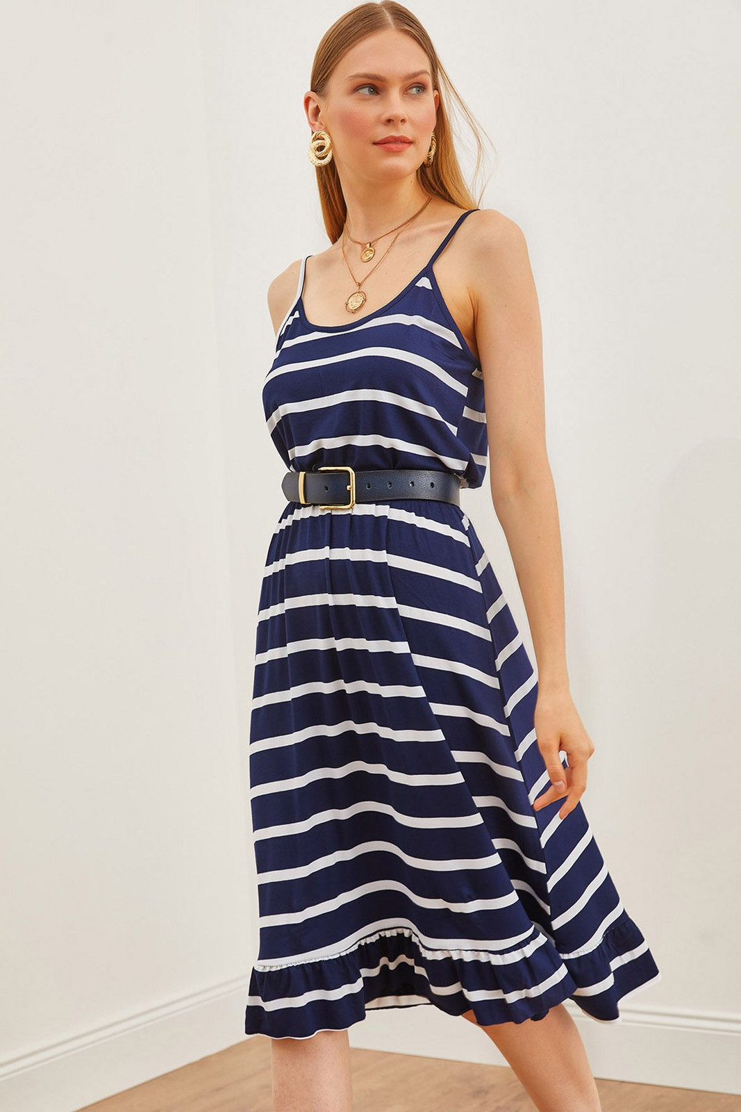 Olalook Women's Navy Blue Striped Thin Strap Elastic Waist Knitted Viscose Dress