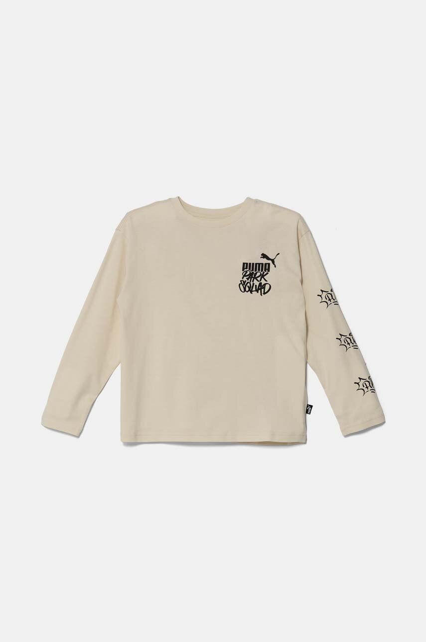 Detská bavlnená košeľa s dlhým rukávom Puma ESS+ MID 90s LS Tee béžová farba, s potlačou, 681876
