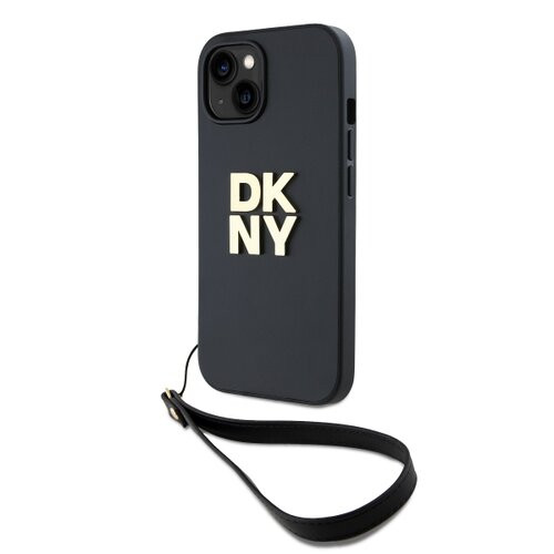 DKNY PU Leather Stack Logo Wrist Strap Zadní Kryt pro iPhone 15 Black