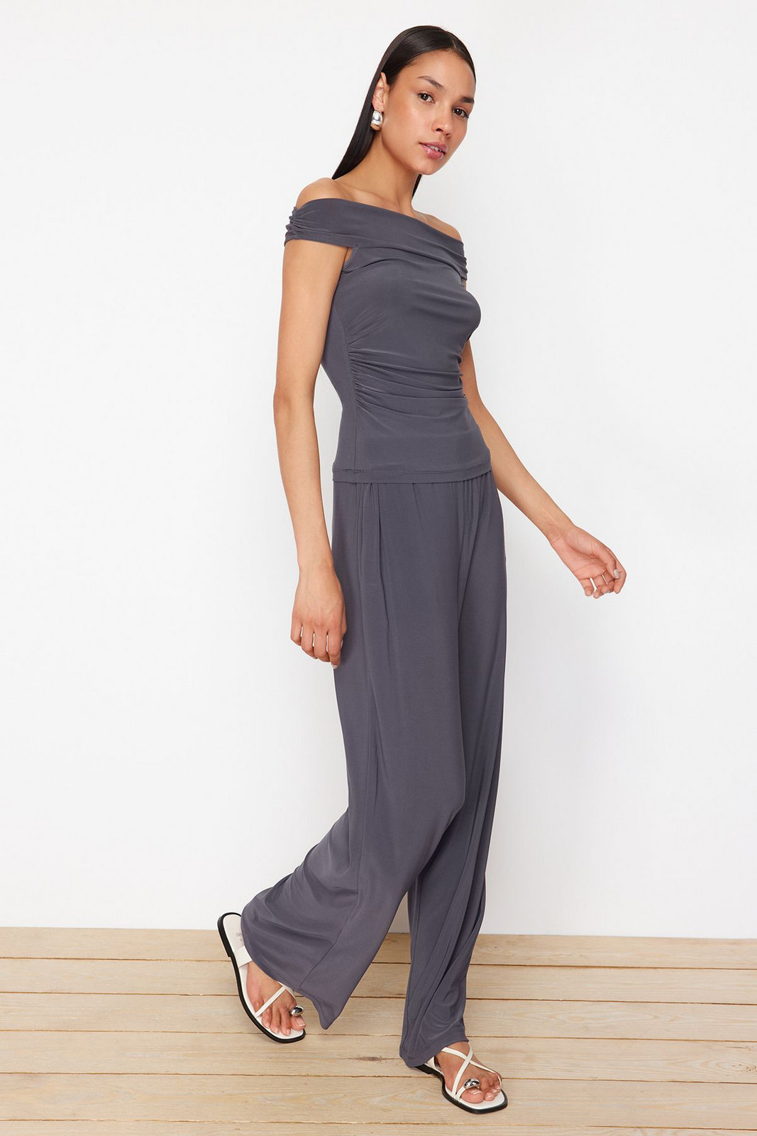 Trendyol Anthracite Carmen Collar Flexible Knitted Two Piece Set