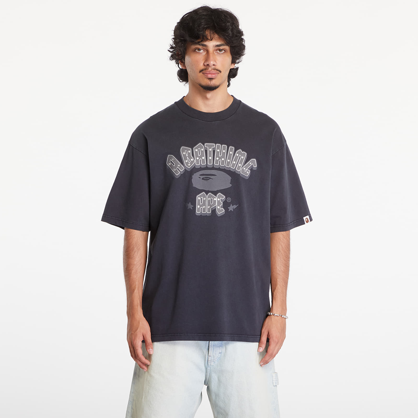 Tričko A BATHING APE Garment Dye Rhinestone Logo Relaxed Fit Short Sleeve Tee Charcoal L