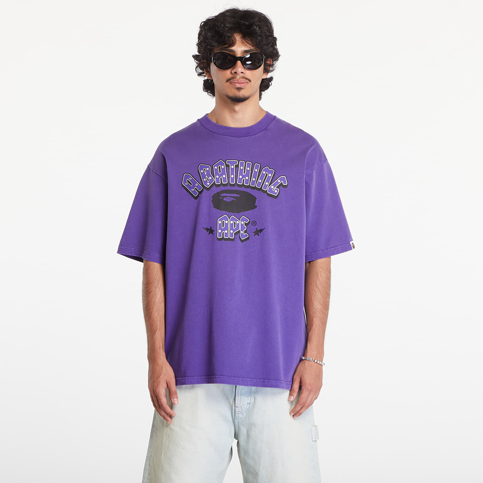 Tričko A BATHING APE Garment Dye Rhinestone Logo Relaxed Fit Short Sleeve Tee Purple M