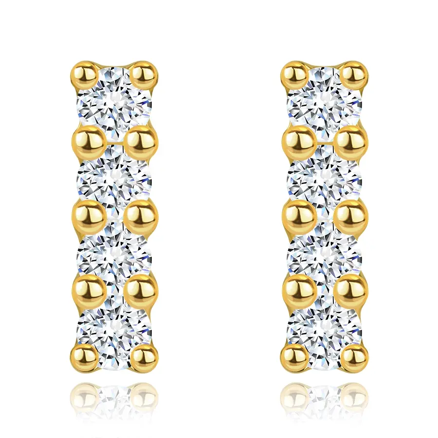 Puzetové náušnice v žltom 14K zlate - palička s priehľadnými zirkónmi