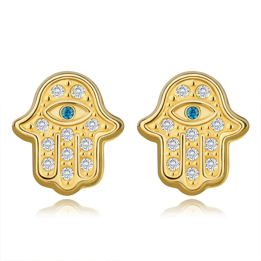 Náušnice zo žltého zlata 585 - Hamsa so zirkónmi, oko so syntetickým akvamarínom