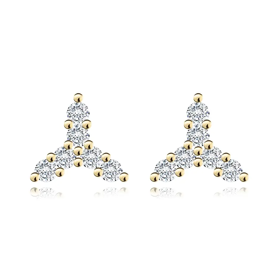 Puzetové náušnice zo žltého 9K zlata - listy v tvare zrnka, zirkóny