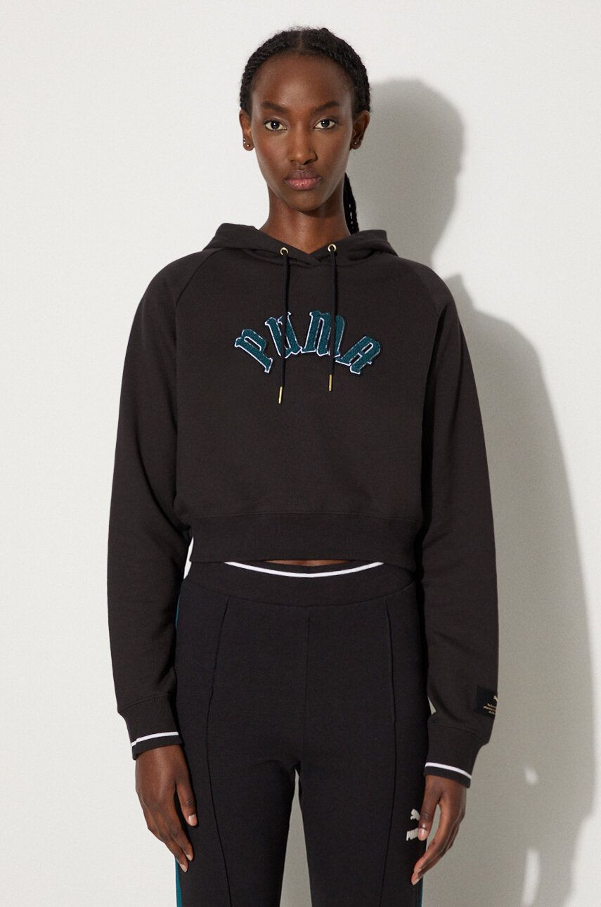 Mikina Puma Classics Play Paris Relaxed Hoodie dámska, čierna farba, s kapucňou, s nášivkou, 627484
