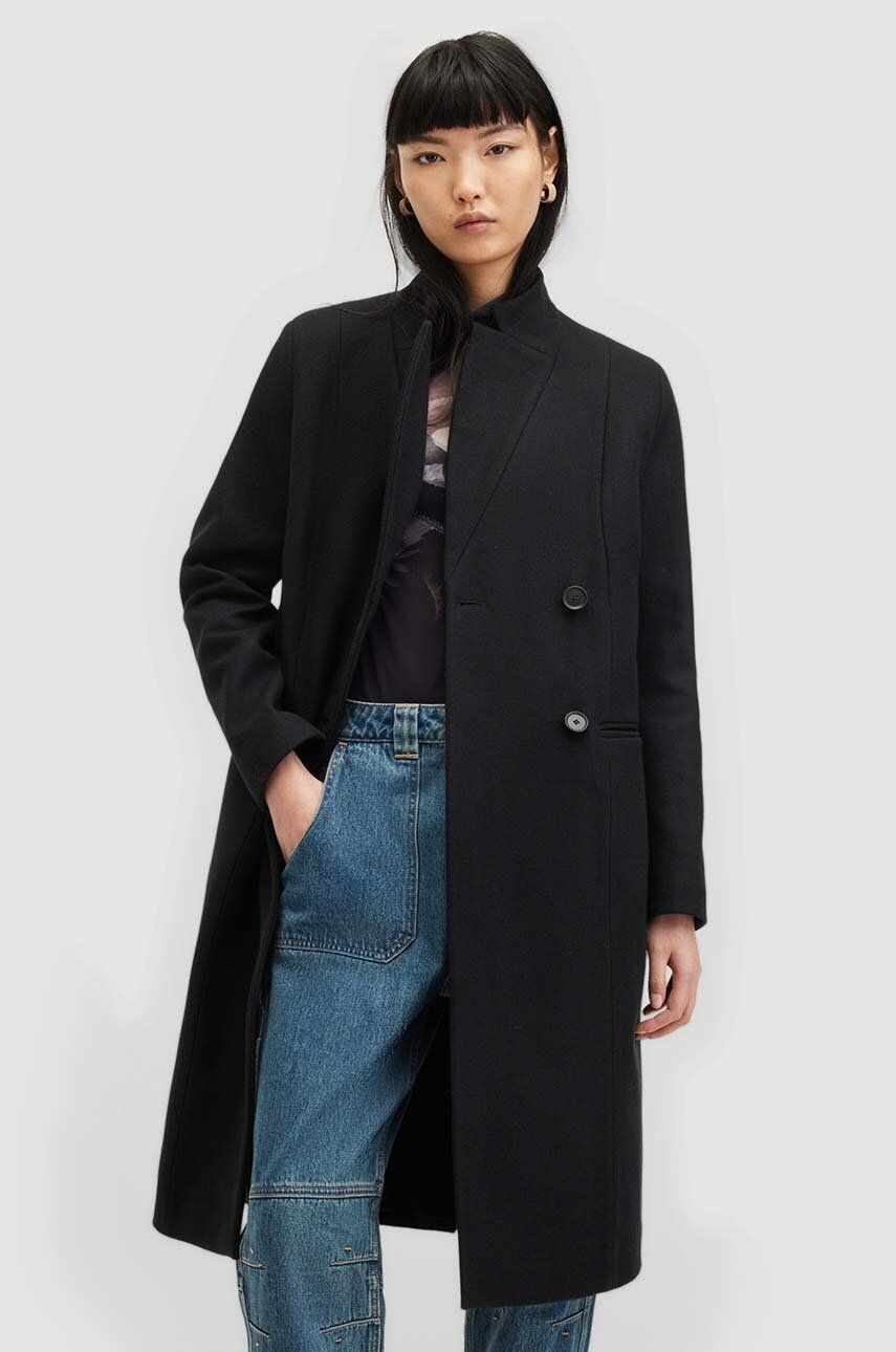 Vlnený kabát AllSaints SIDNEY čierna farba, prechodný, W008OZ