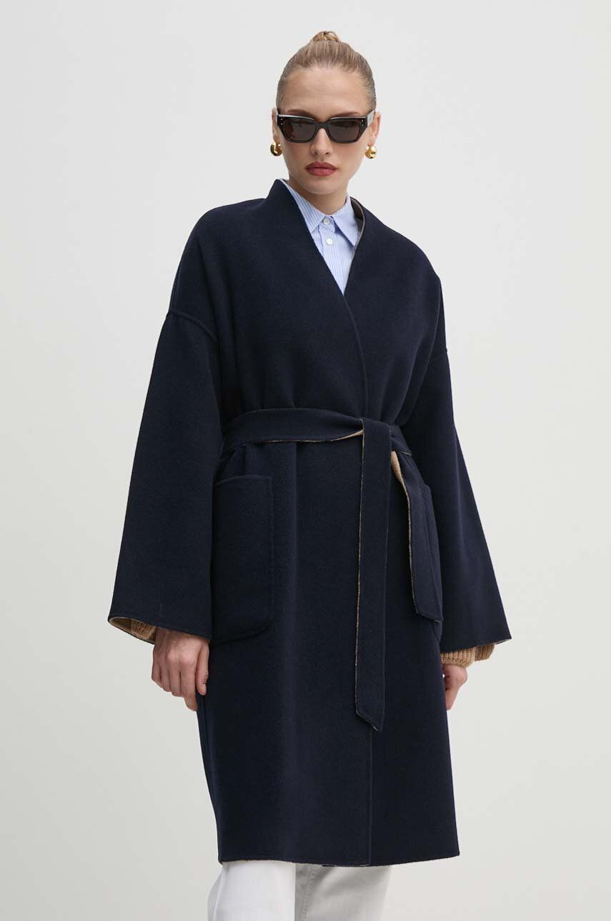 Obojstranný vlnený kabát Weekend Max Mara tmavomodrá farba, prechodný, oversize, 2425016031600