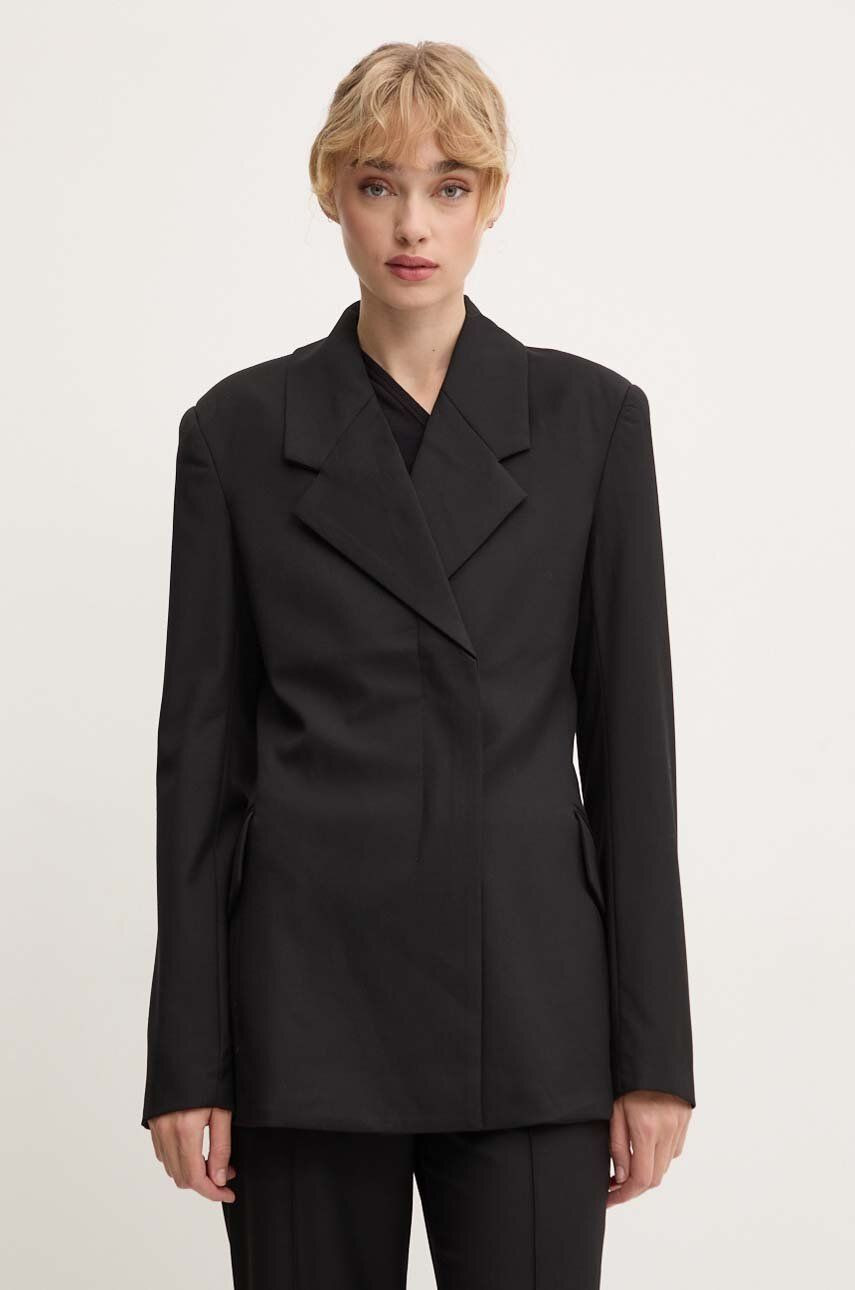 Sako s prímesou vlny Remain Fitted Blazer čierna farba, dvojradová, jednofarebná, 501915100