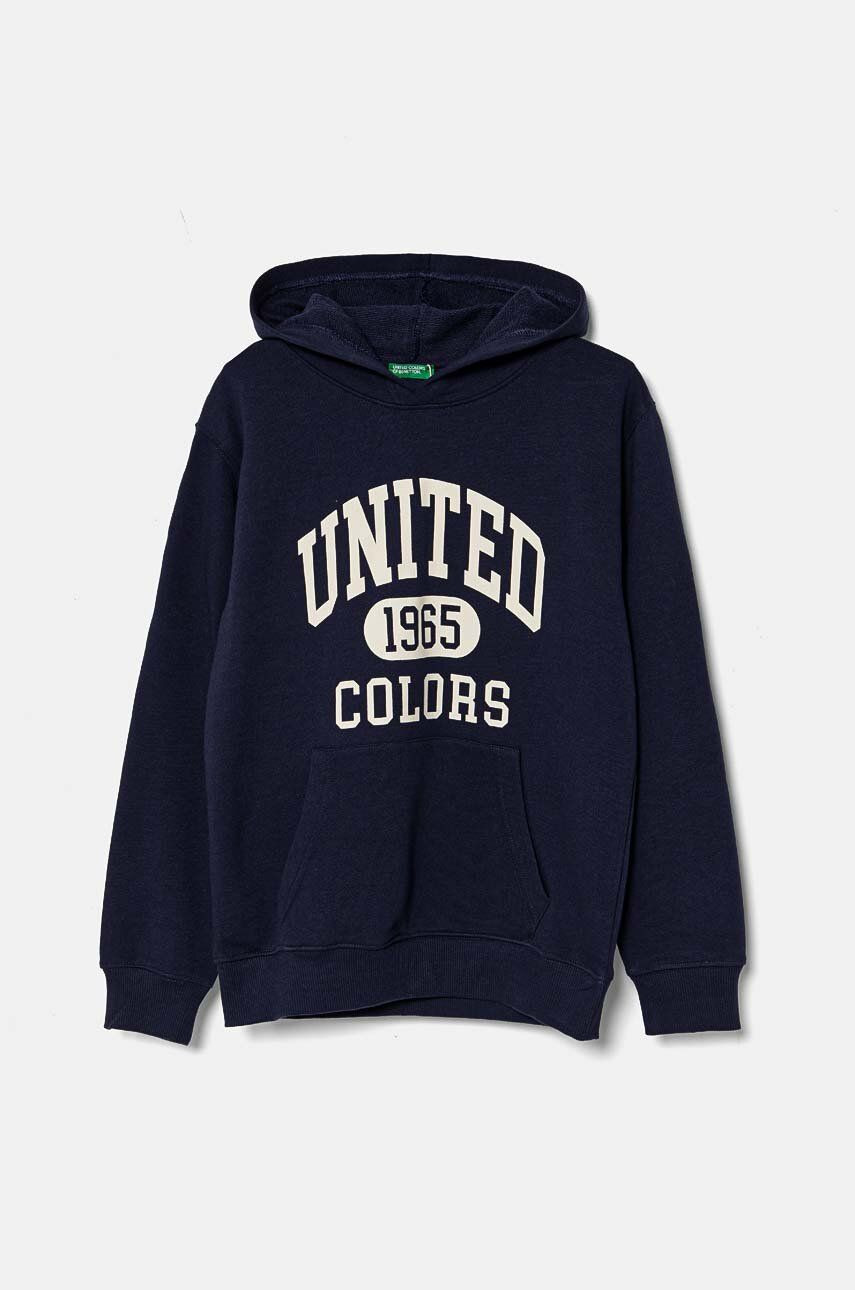 Detská bavlnená mikina United Colors of Benetton tmavomodrá farba, s kapucňou, vzorovaná, 3J68C203N