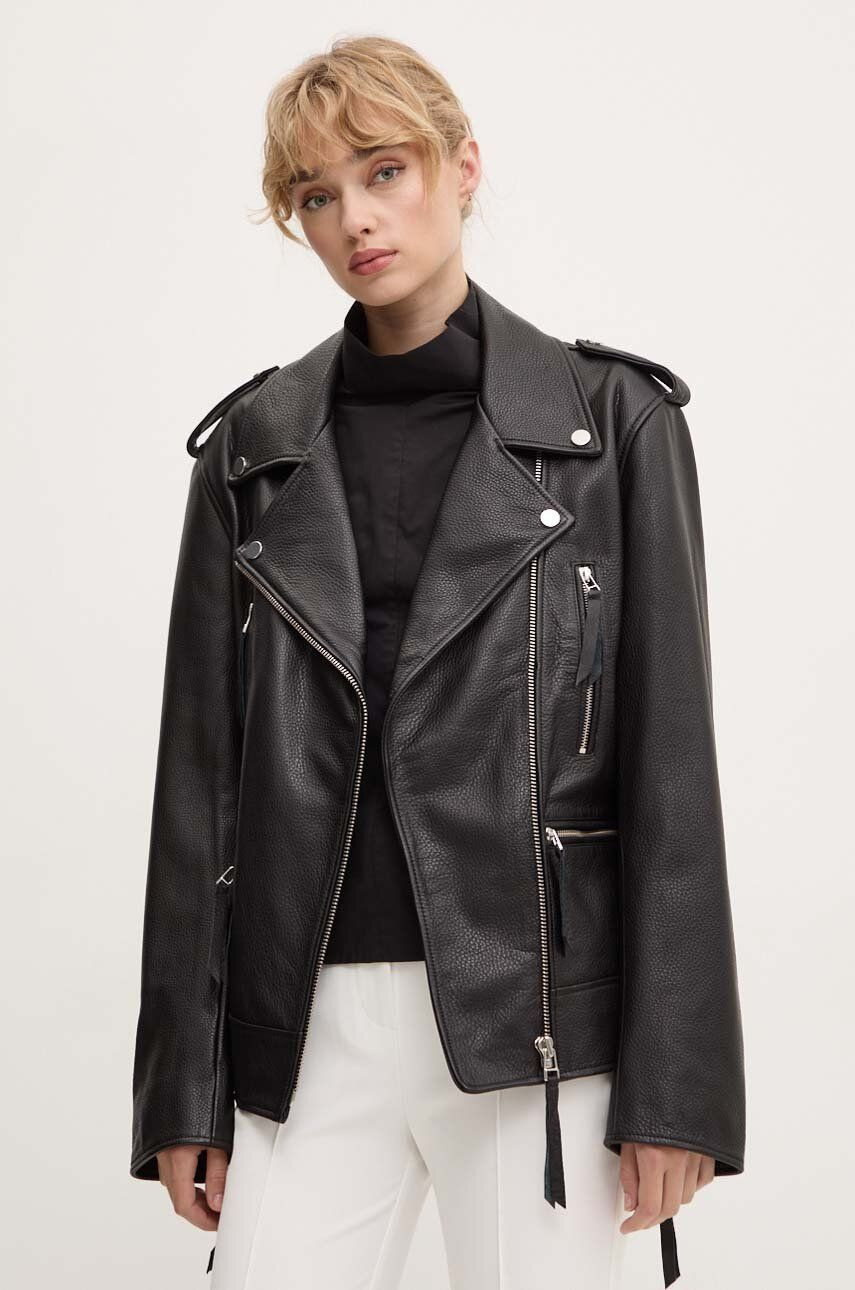 Kožená bunda Remain Biker Leather Jacket dámska, čierna farba, prechodná, 502123100