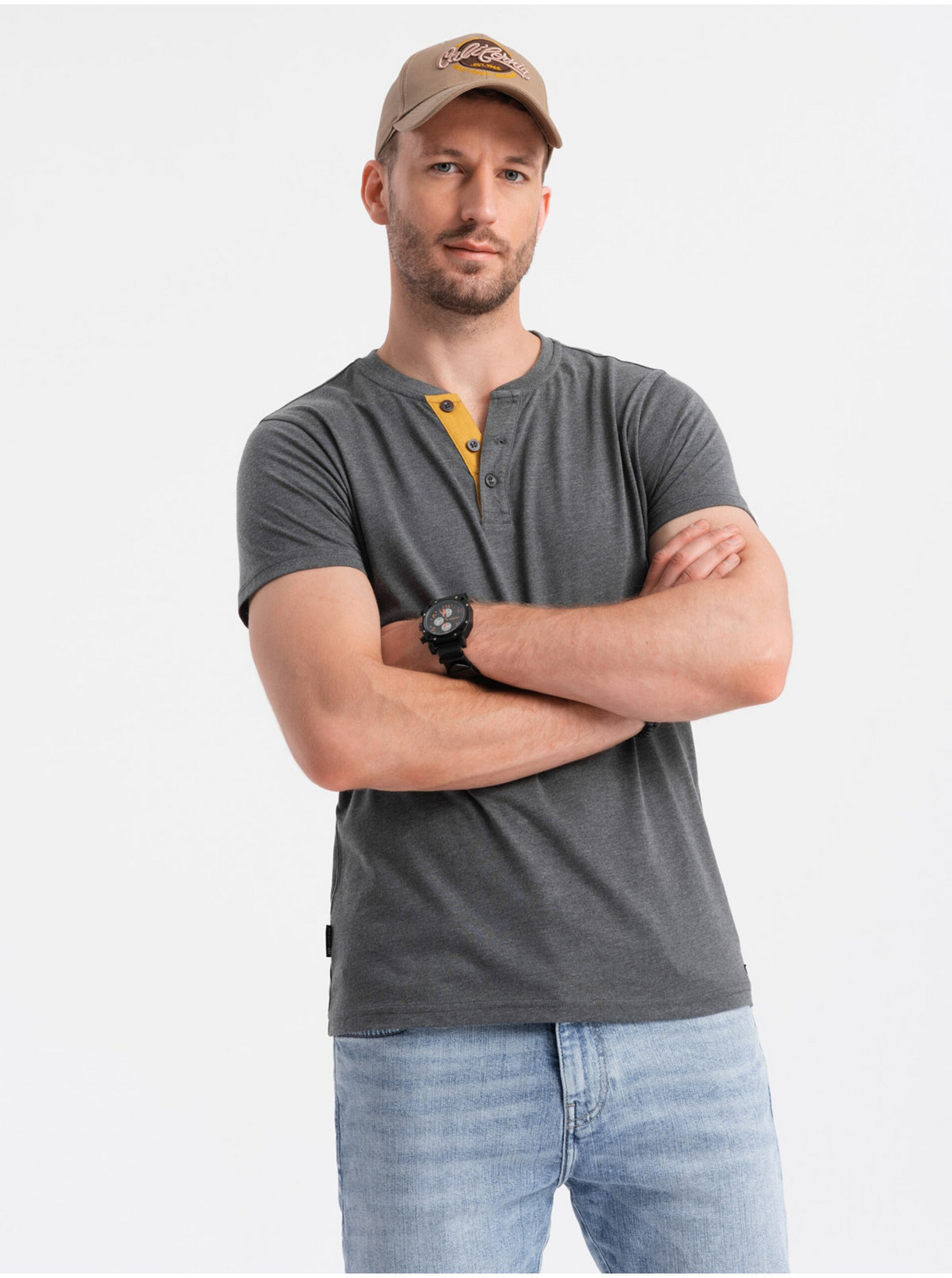 Šedé pánske tričko s okrúhlym výstrihom Ombre Clothing