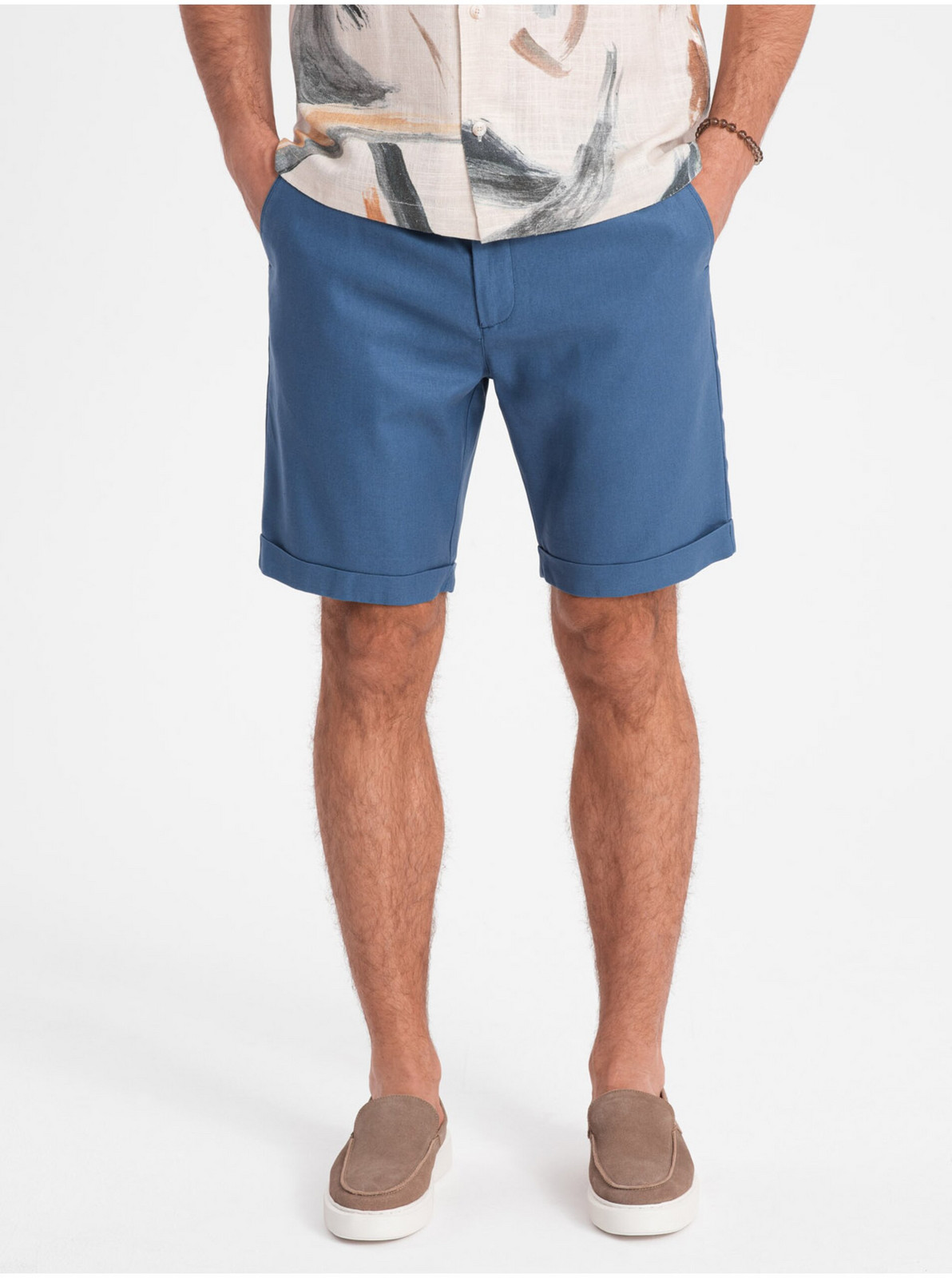 Modré pánske kraťasy s prímesou ľanu Ombre Clothing