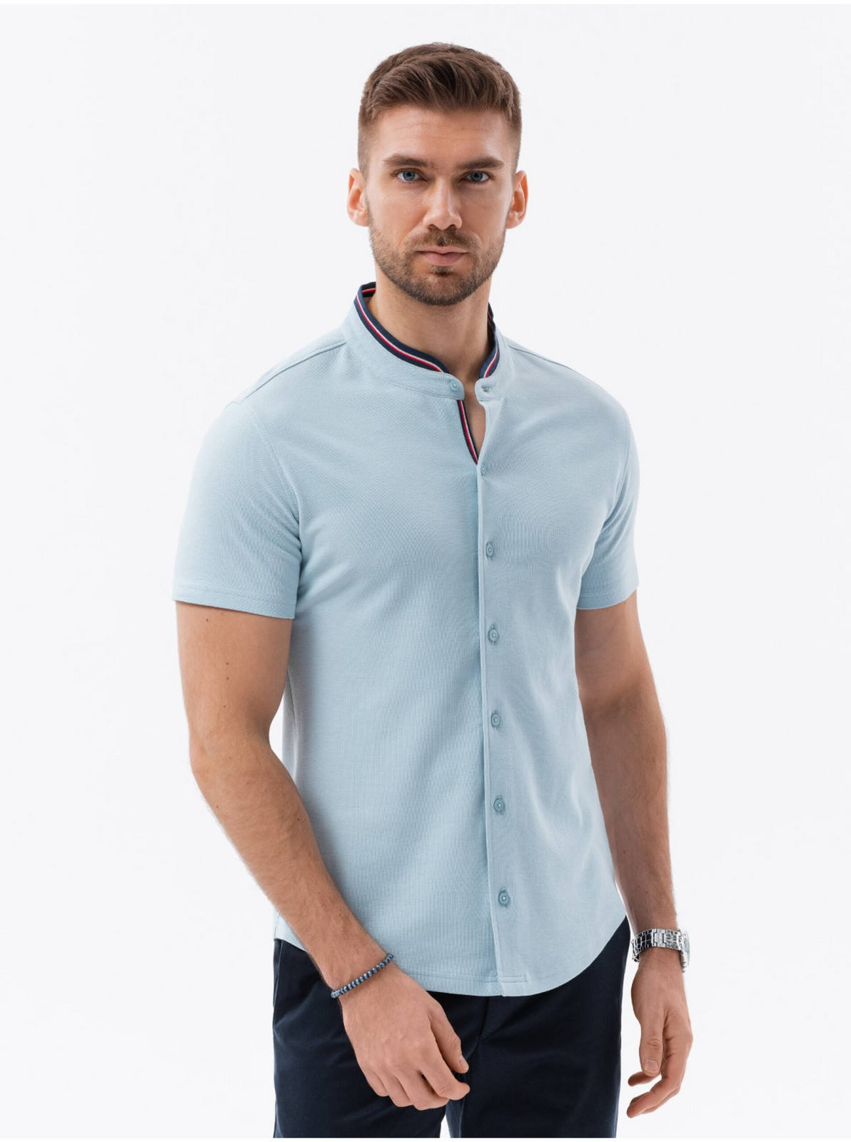 Modrá pánska pletená košeľa s krátkym rukávom Ombre Clothing