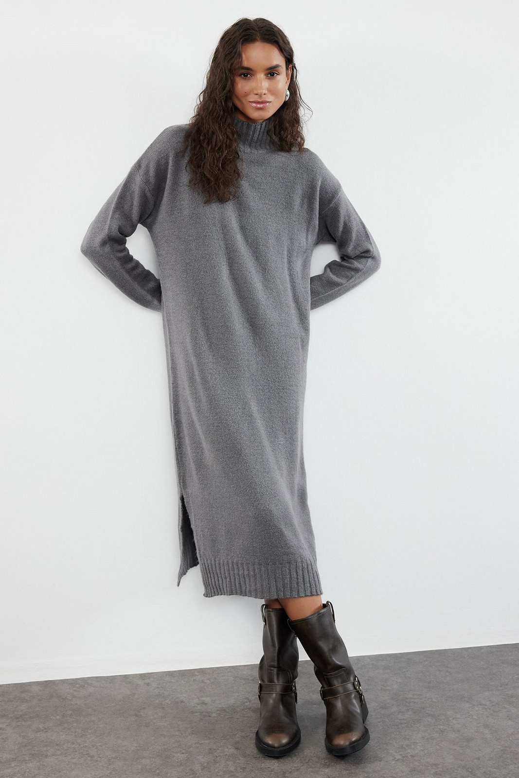 Trendyol Anthracite Midi Knitwear Wide Fit Soft Textured High Collar Dress
