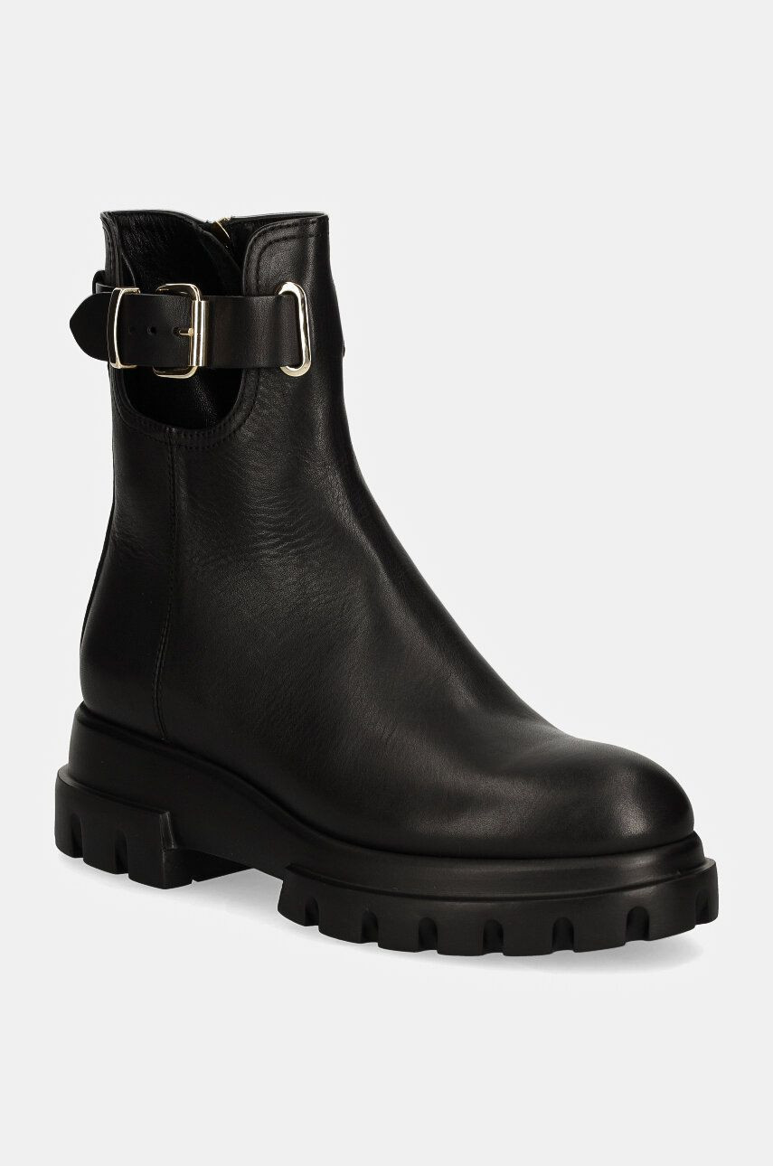 Kožené členkové topánky AGL Chunky Lowboot dámske, čierna farba, na plochom podpätku, D756593PGKA2131013