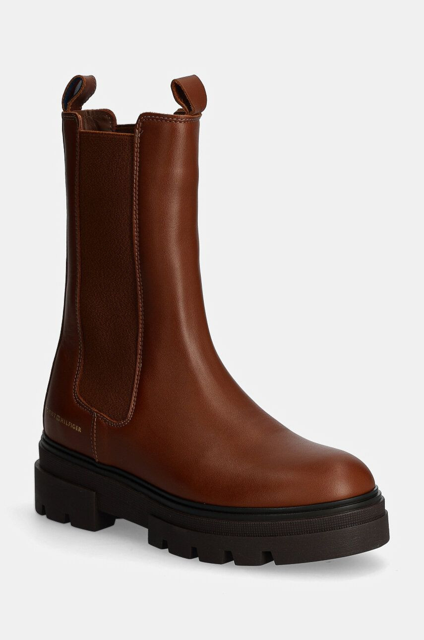 Kožené topánky chelsea Tommy Hilfiger MONOCHROMATIC CHELSEA BOOT dámske, hnedá farba, na plochom podpätku, FW0FW06730