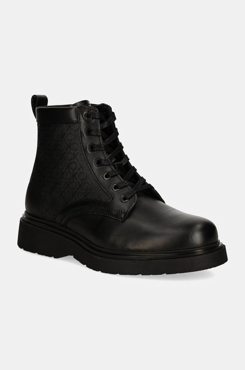 Kožené členkové topánky Calvin Klein LACE UP BOOT W/ ZIP MONO pánske, čierna farba, HM0HM01580