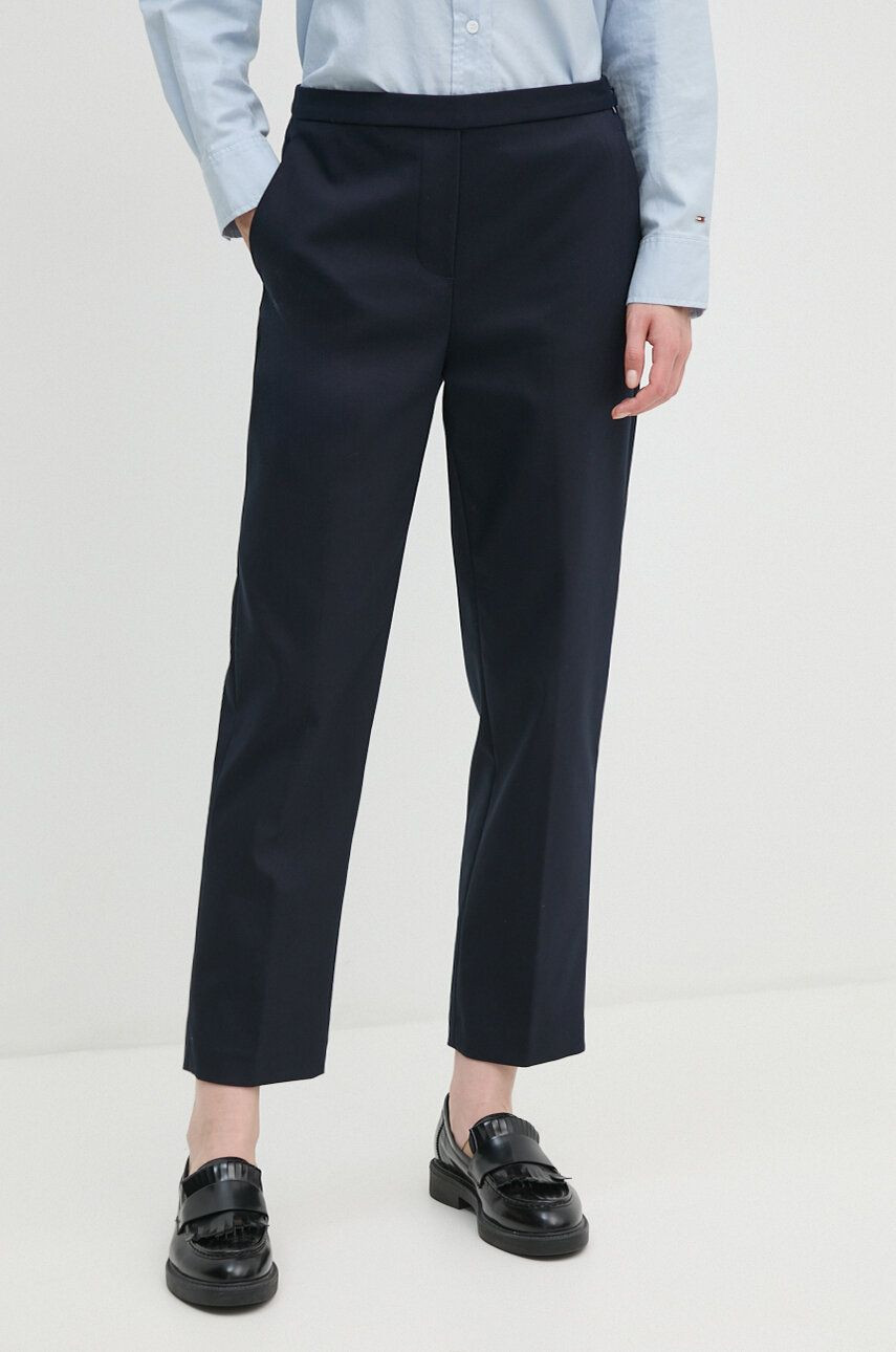 Nohavice Tommy Hilfiger dámske, tmavomodrá farba, rovné, vysoký pás, WW0WW43632