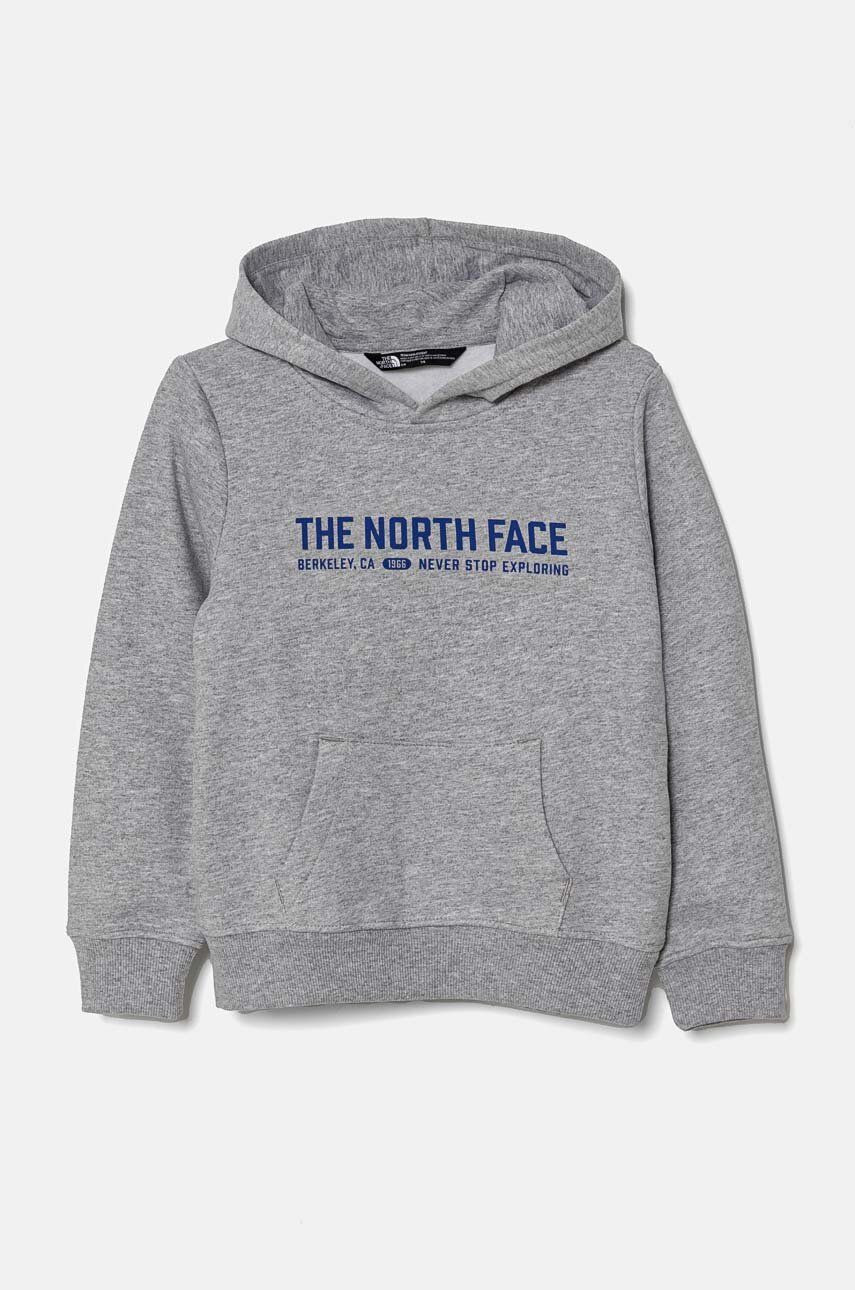 Detská mikina The North Face VARSITGRAPHIC RELAXED HOODIE šedá farba, s kapucňou, s potlačou, NF0A89HBDYX1
