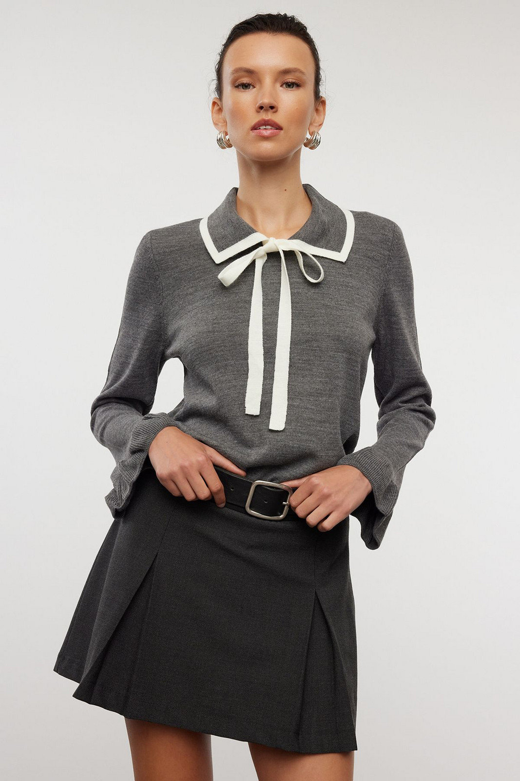 Trendyol Anthracite Color Block Ribbon Detailed Knitwear Sweater