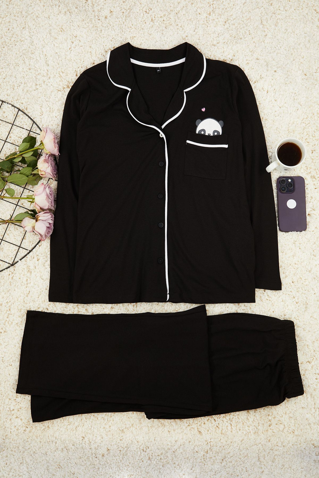 Trendyol Curve Black Shirt Collar Panda Printed Knitted Pajama Set