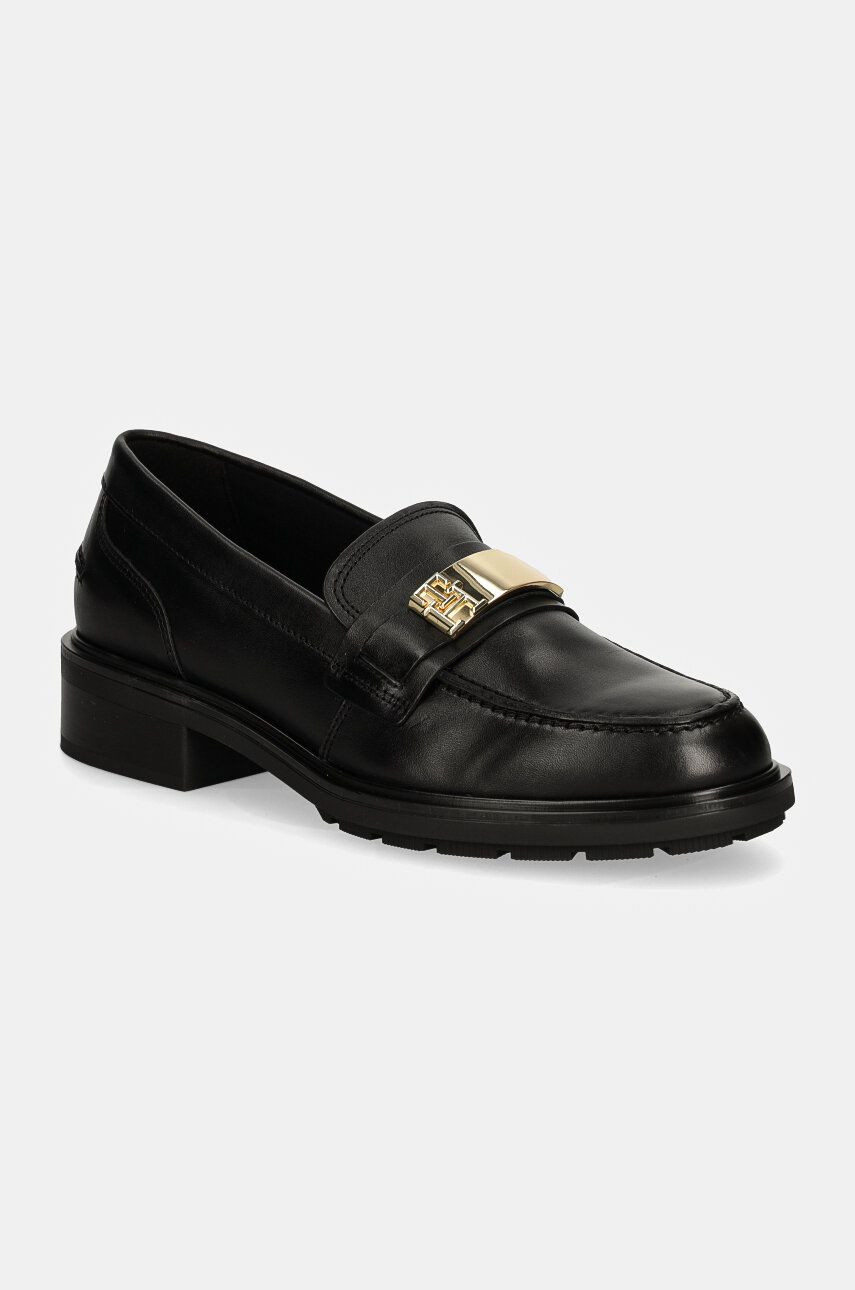 Kožené mokasíny Tommy Hilfiger TH LOGO LEATHER LOAFER dámske, čierna farba, na platforme, FW0FW08257