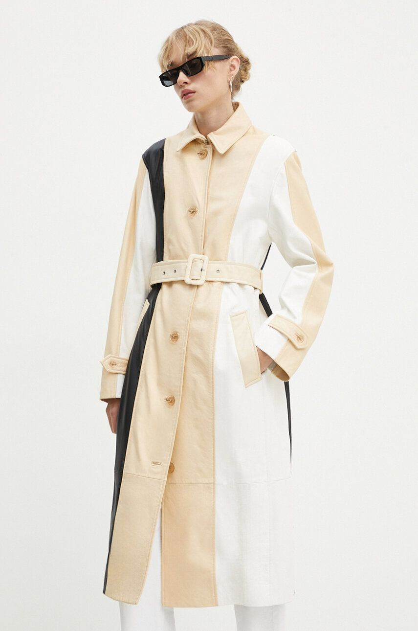 Kožený kabát Moschino Jeans dámsky, béžová farba, prechodný, 3706.8216