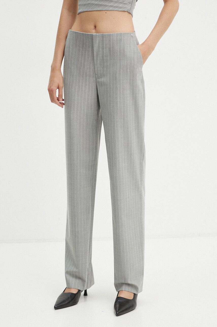 Nohavice s prímesou vlny Moschino Jeans šedá farba, rovné, vysoký pás, A0307 8725