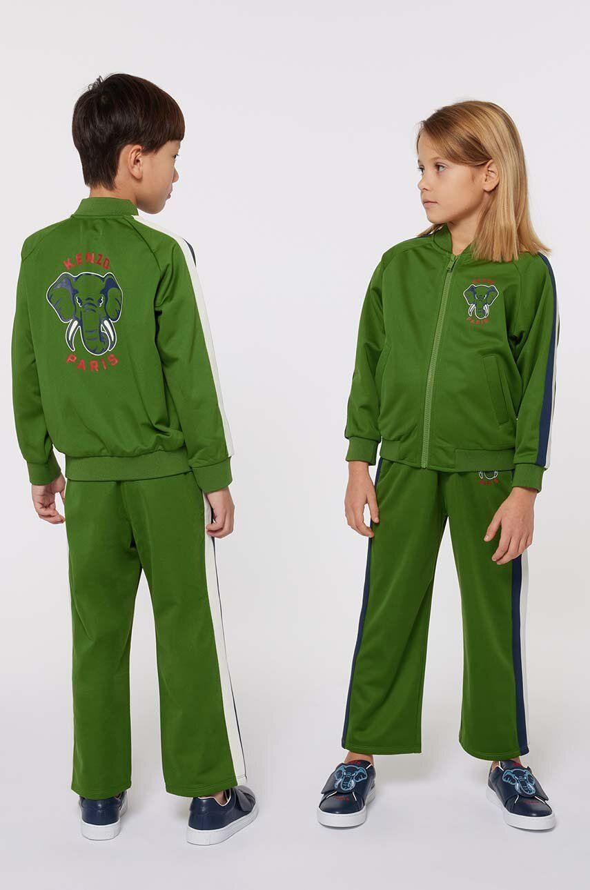 Detské nohavice Kenzo Kids zelená farba, s nášivkou, K60716