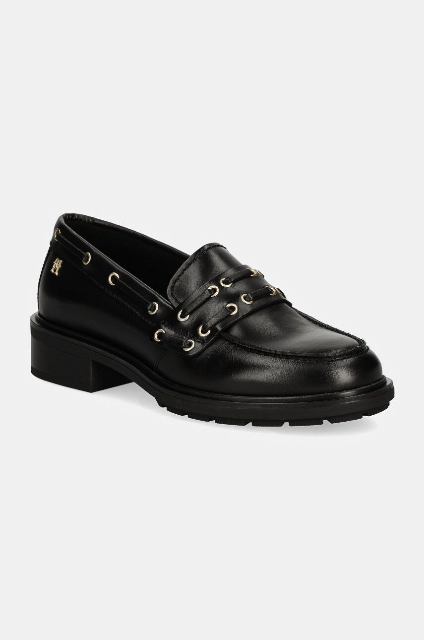 Kožené mokasíny Tommy Hilfiger NAUTICAL EYELETS LEATHER LOAFER dámske, čierna farba, na platforme, FW0FW08148
