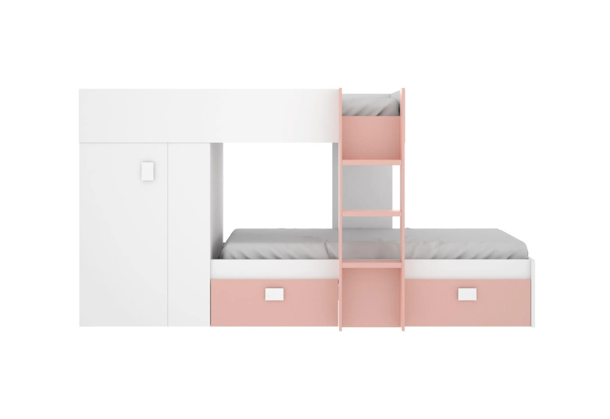 Expedo Detská poschodová posteľ so skriňou GROW, 90x190, biela/ružová
