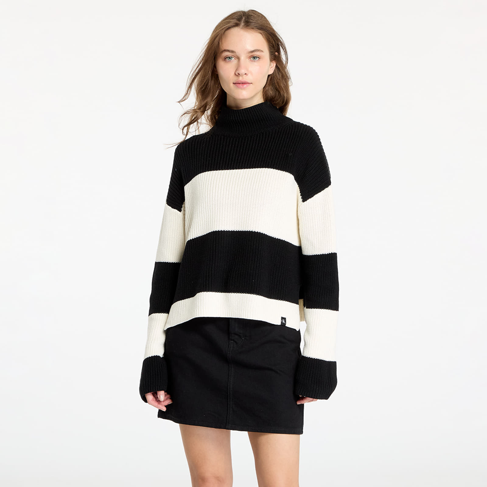 Sveter Calvin Klein Jeans Chunky Loose High Neck Sweater Ivory/ Black Stripe S