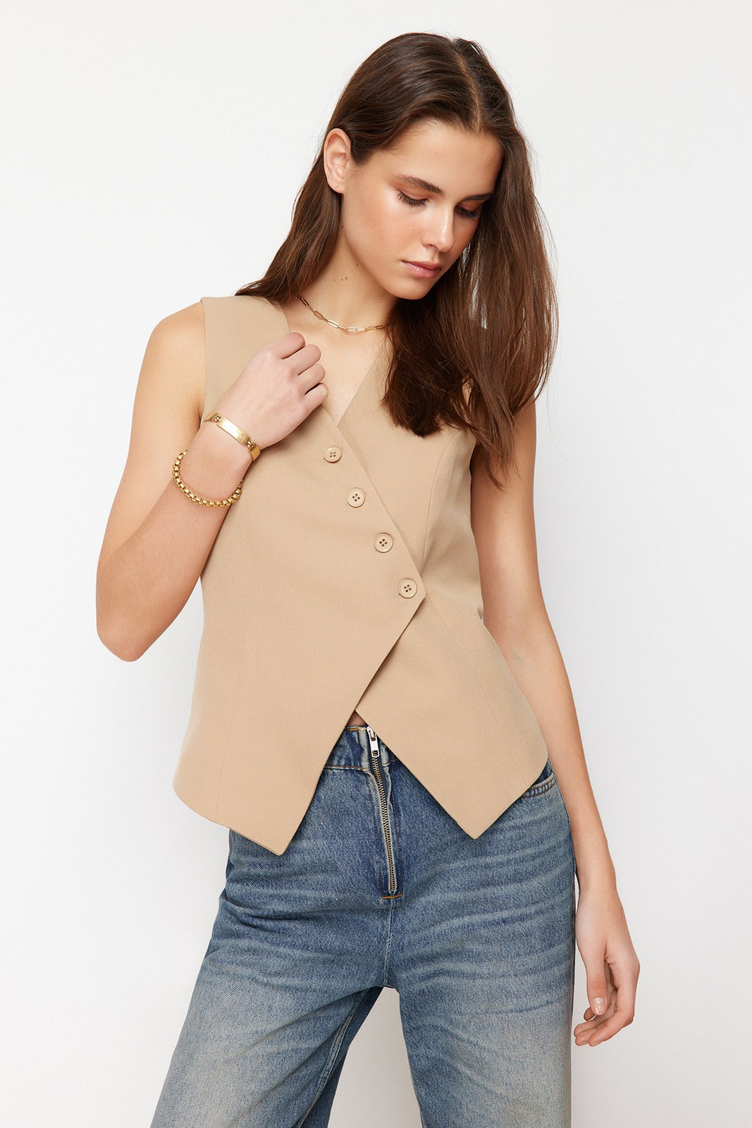 Trendyol Mink Regular Buttoned Woven Vest