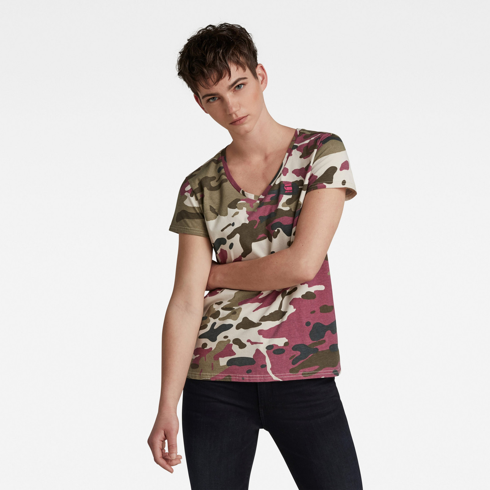 G-STAR Tričko - Allover camo print v neck s\s top viacfarebné