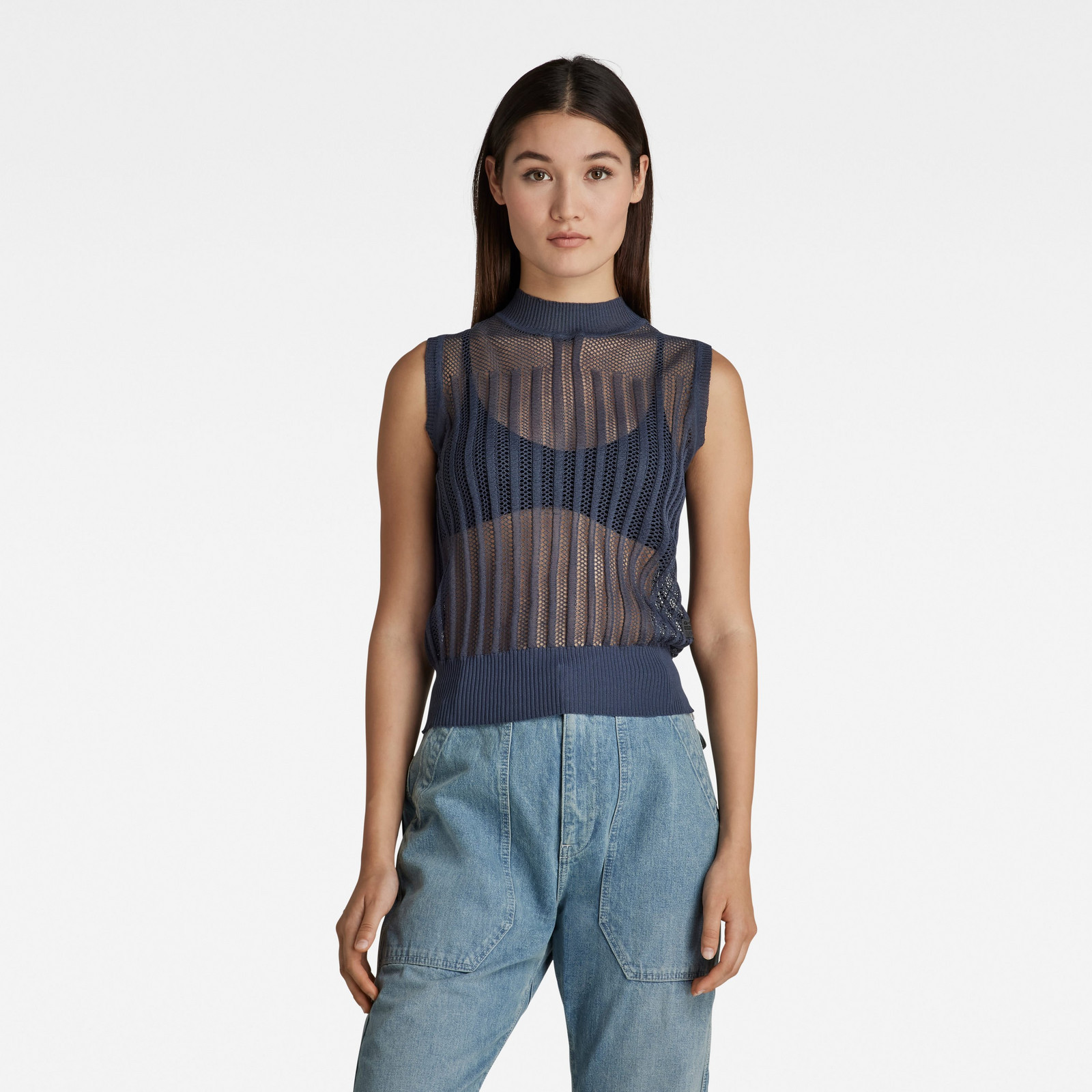 G-STAR Sveter - Pointelle mock s\l knit modrý