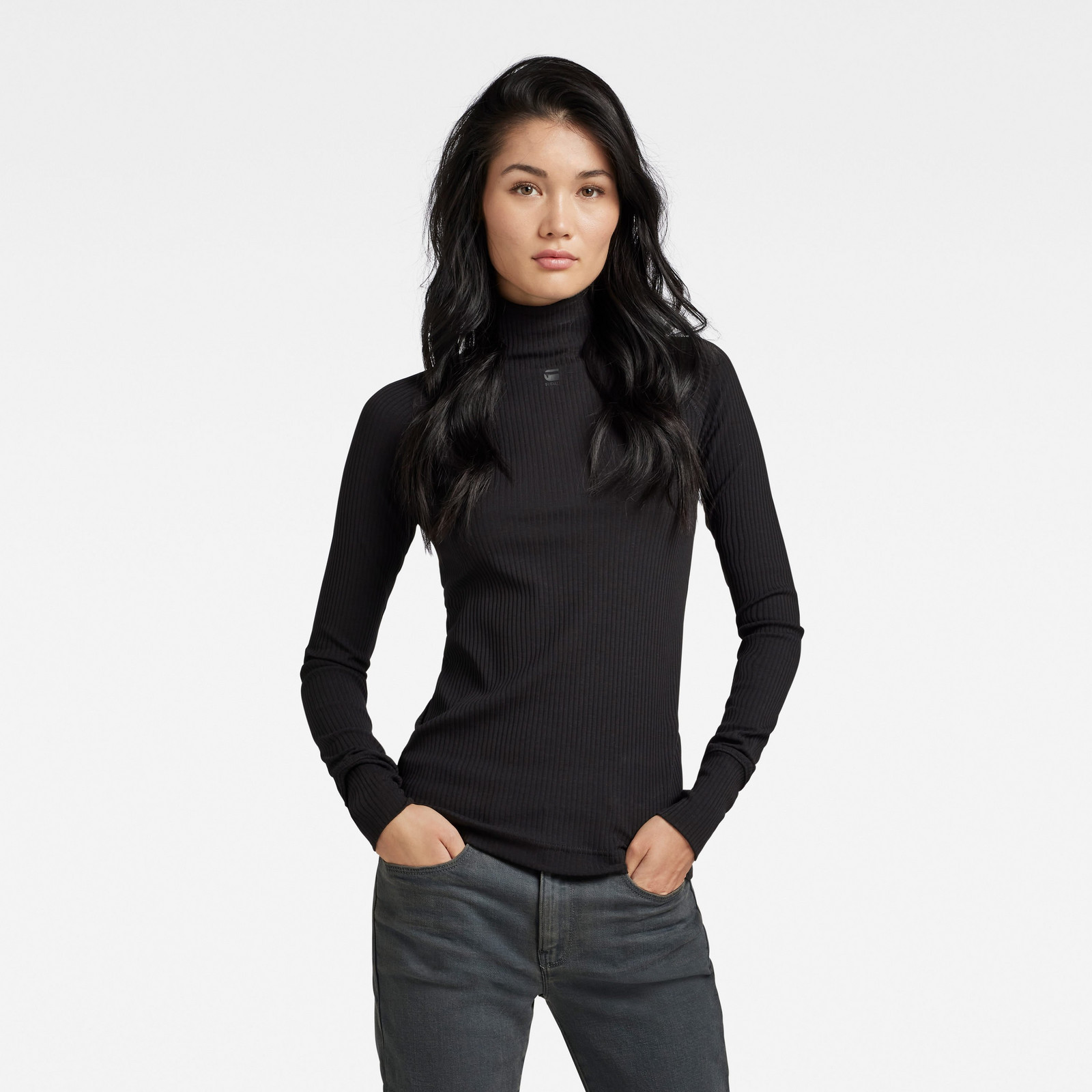 G-STAR Top - Rib mock slim l\s wmn čierny
