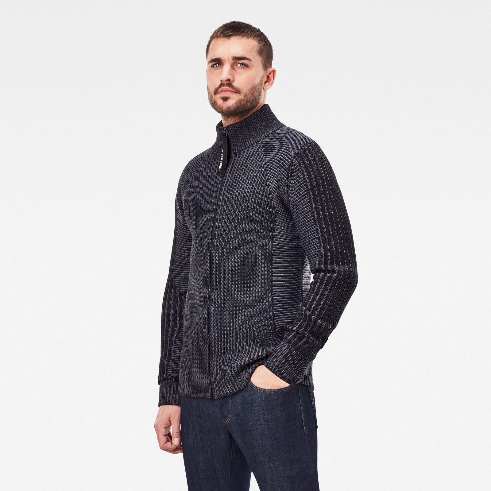 G-STAR Sveter - Plated 3D biker zip through knit l- sivý