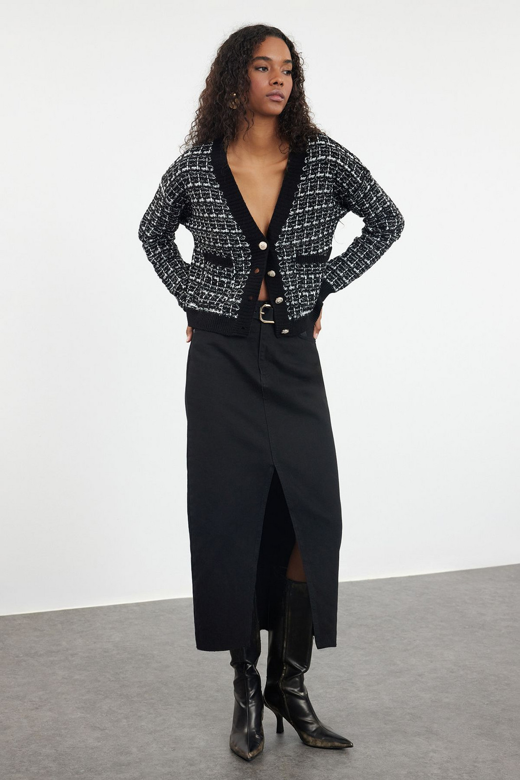 Trendyol Black Tweed Look Knitwear Cardigan