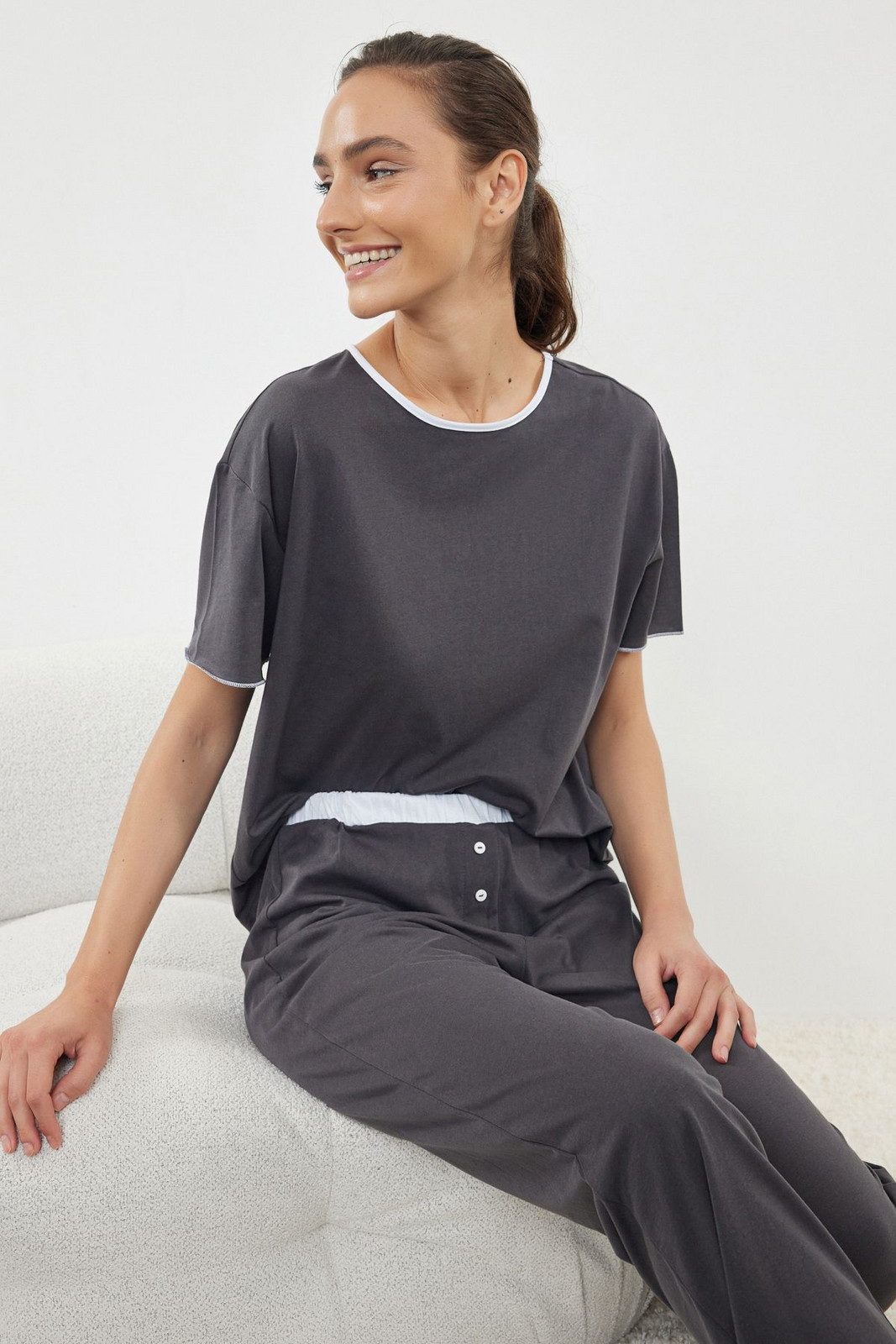 Trendyol Anthracite 100% Cotton Knitted Pajama Set with Piping and Waist Elastic Detail
