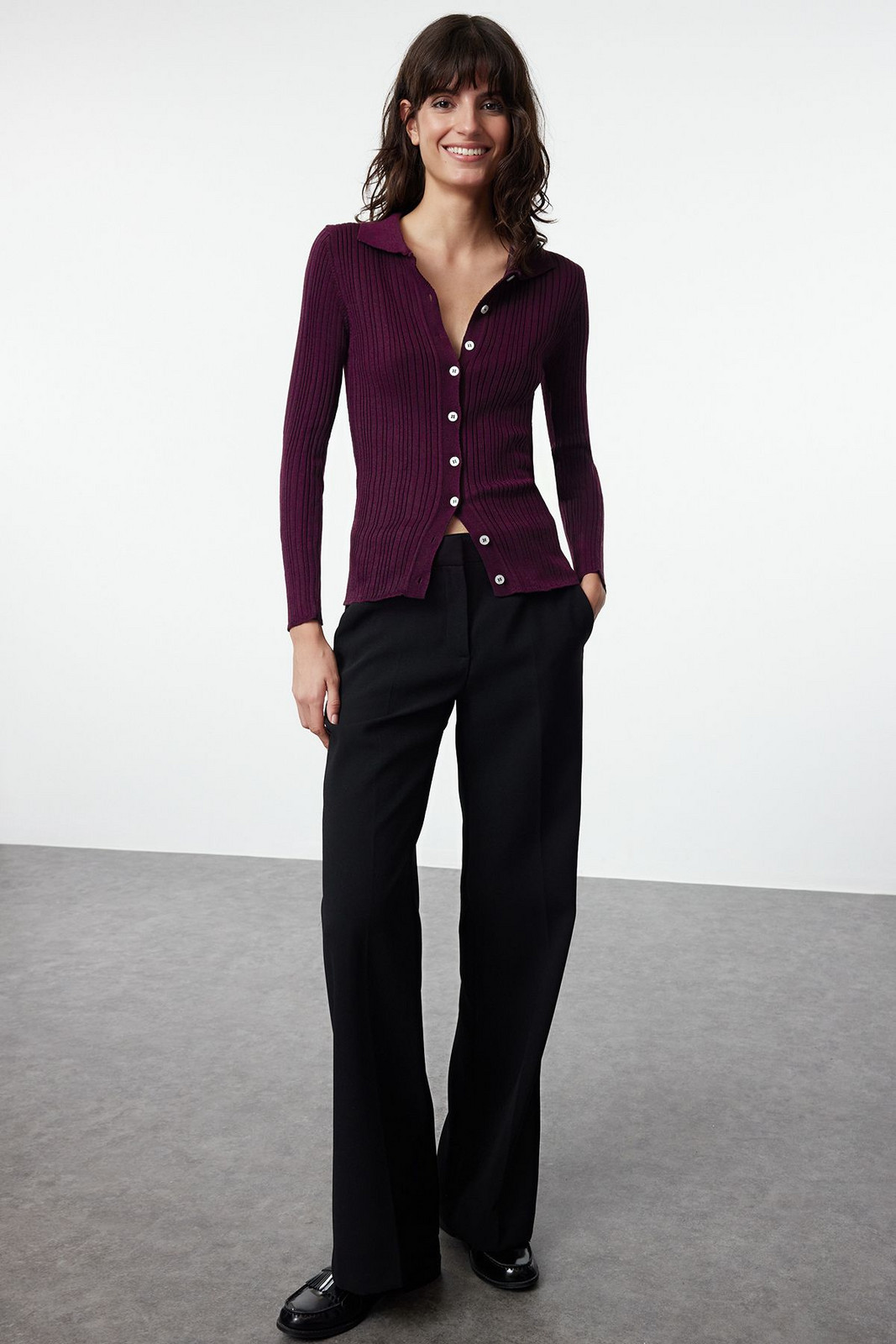 Trendyol Plum Soft Textured Polo Neck Knitwear Cardigan