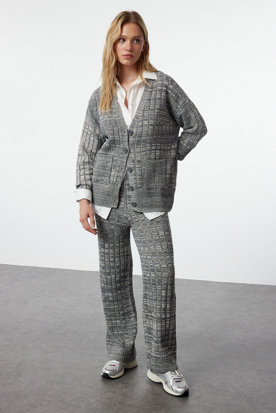 Trendyol Anthracite Gradient Knitwear Cardigan-Top and Bottom Set with Trousers