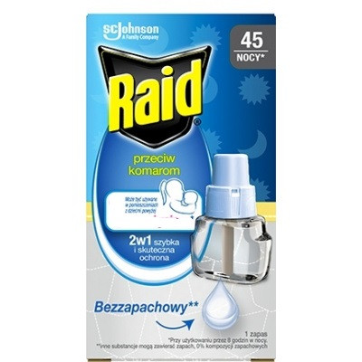 Raid Family elektrický odparovač tekutý proti komárom náhradná náplň 45 nocí 27 ml