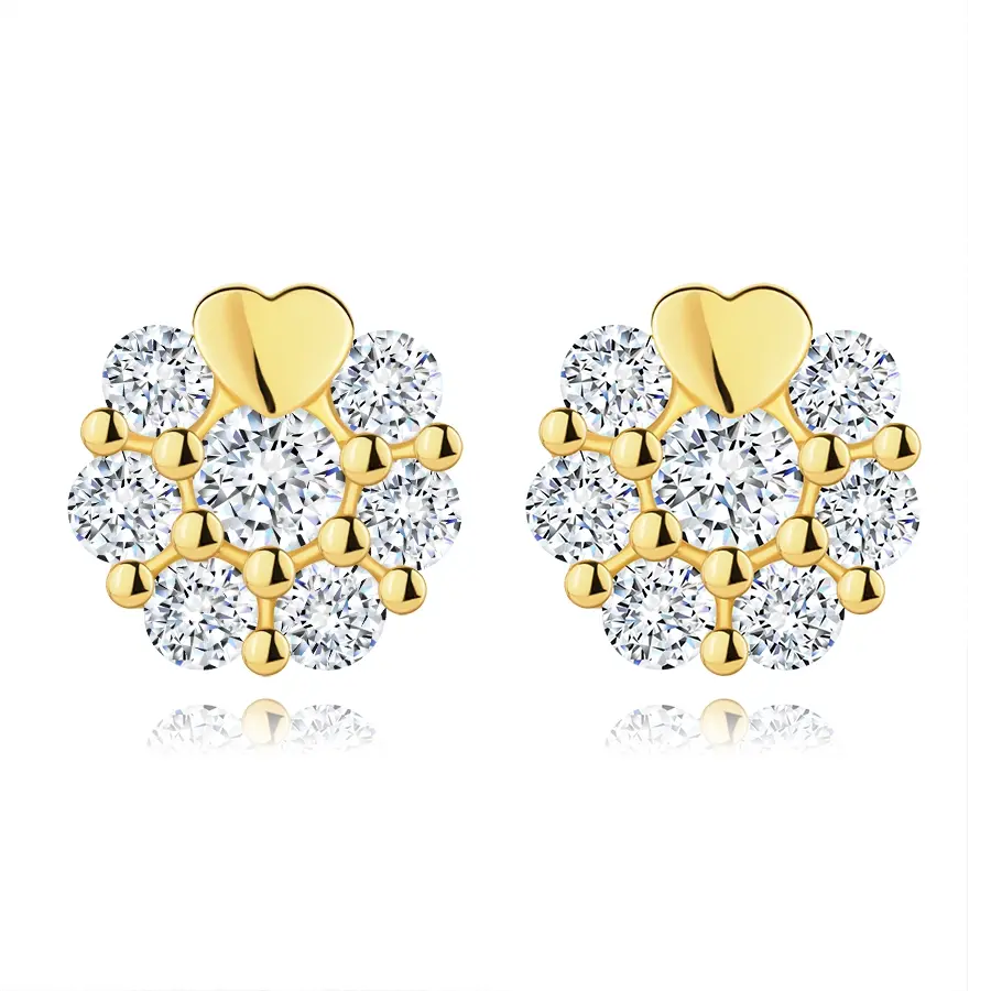Puzetové náušnice zo žltého zlata 585 - kvet so srdiečkom, číre zirkóny